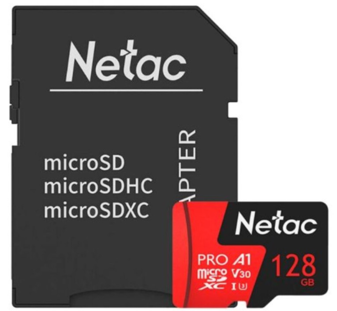 картинка Карта памяти MicroSD 128GB Class 10 V30/A1 Netac NT02P500PRO-128G-R с адаптером от интернет-магазина itsklad.kz