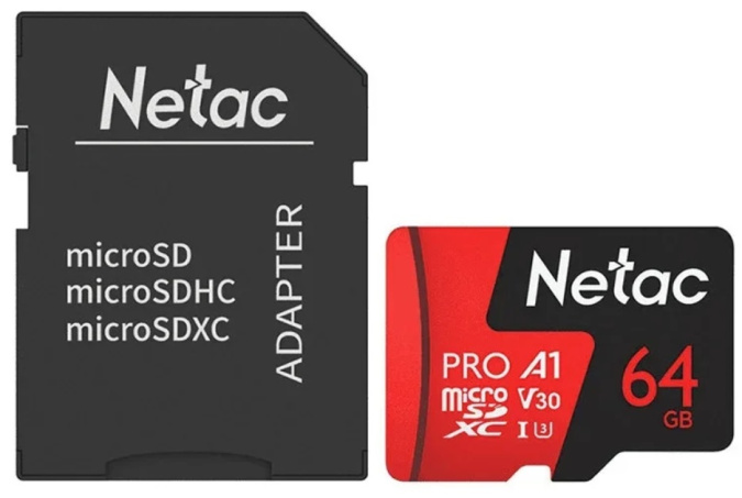 картинка Карта памяти MicroSD 64GB Class 10 V30/A1 Netac NT02P500PRO-064G-R с адаптером от интернет-магазина itsklad.kz