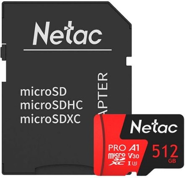 картинка Карта памяти MicroSD 512GB Class 10 V30/A1 Netac NT02P500PRO-512G-R с адаптером от интернет-магазина itsklad.kz